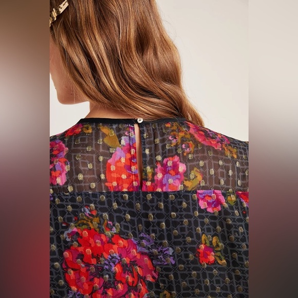 Anthropologie Floral Metallic Polka Dot Ruffle Sleeve Blouse Size 4 Small - Picture 3 of 8